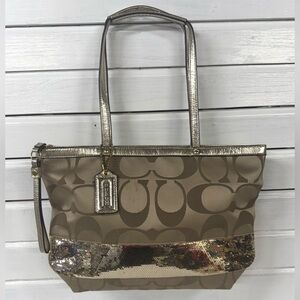 Coach | Y2k Metallic Sequin and Tan Signature Tote